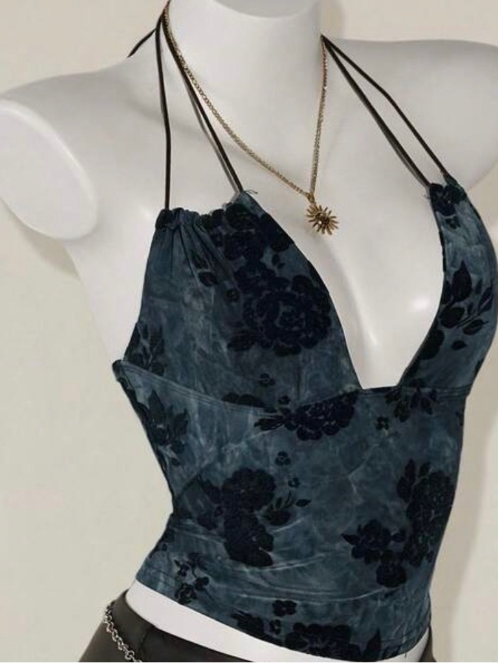 Velvet Floral Halter Corset Top in Deep Teal and Black